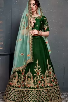 Dark Green Thread Dori Zari And Embroidered With Diamond Work Satin Lehenga Choli For Wedding
