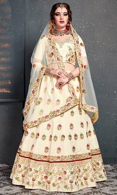 Cream Thread Dori Zari And Embroidered With Diamond Work Silk Semi Stitched Lehenga Choli For Wedding 1