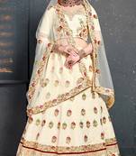 Cream Thread Dori Zari And Embroidered With Diamond Work Silk Semi Stitched Lehenga Choli For Wedding