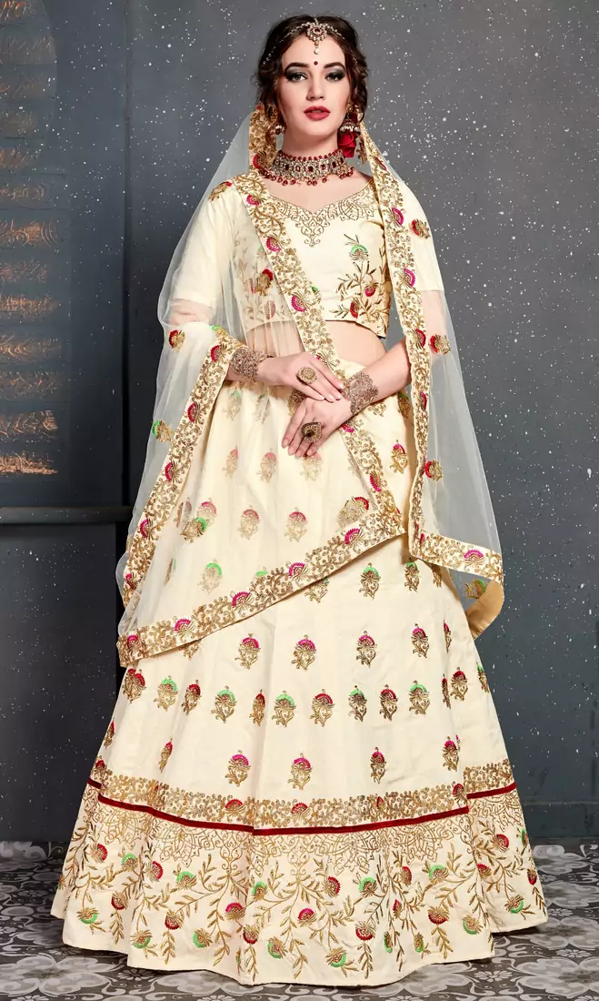 Cream Thread, Dori, Zari And Embroidered With Diamond Work Silk Semi Stitched Lehenga Choli For Wedding