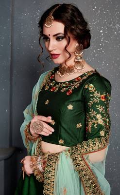 Dark Green Thread Dori Zari And Embroidered With Diamond Work Satin Lehenga Choli For Wedding 4