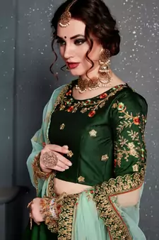 Dark Green Thread Dori Zari And Embroidered With Diamond Work Satin Lehenga Choli For Wedding