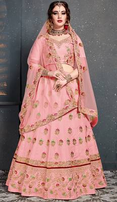 Baby Pink Thread, Dori, Zari Embroidery with Diamond Work Slub Silk Semi Stitched Lehenga 1