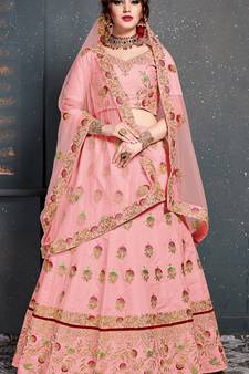 Baby Pink Thread, Dori, Zari Embroidery with Diamond Work Slub Silk Semi Stitched Lehenga