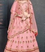 Baby Pink Thread, Dori, Zari Embroidery with Diamond Work Slub Silk Semi Stitched Lehenga
