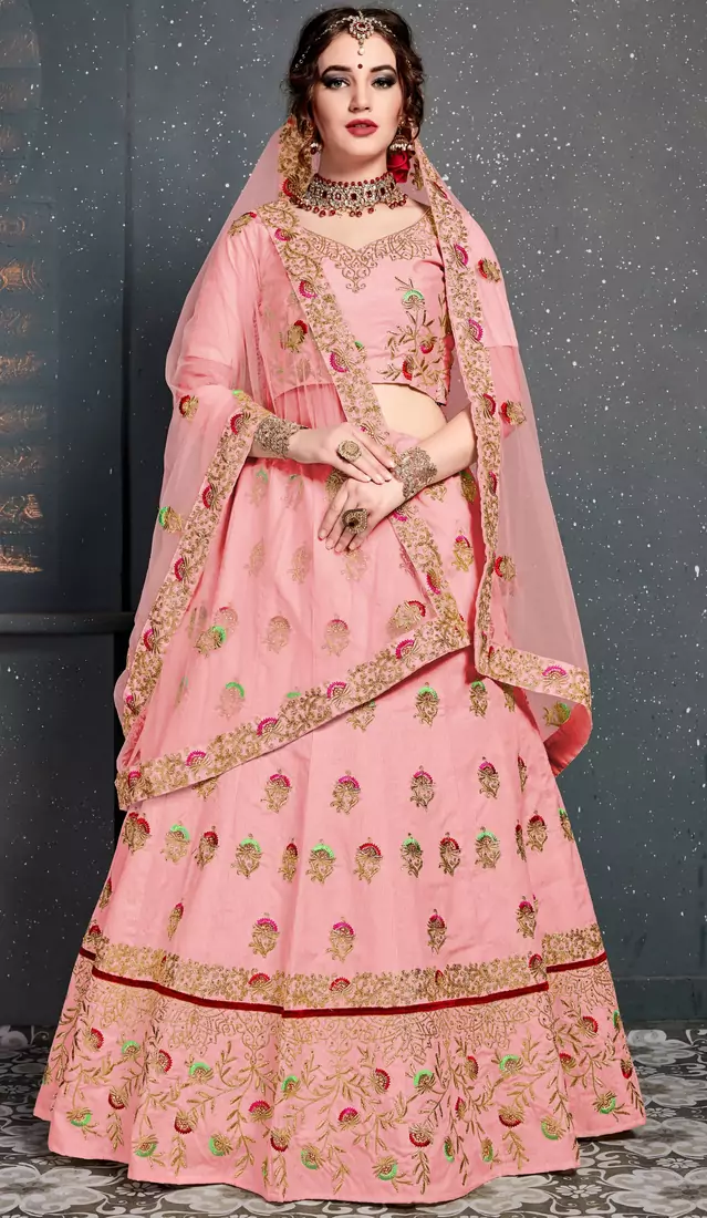 Baby Pink Thread, Dori, Zari Embroidery with Diamond Work Slub Silk Semi Stitched Lehenga