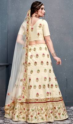 Cream Thread Dori Zari And Embroidered With Diamond Work Silk Semi Stitched Lehenga Choli For Wedding 2