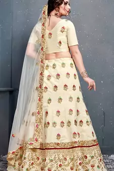 Cream Thread Dori Zari And Embroidered With Diamond Work Silk Semi Stitched Lehenga Choli For Wedding