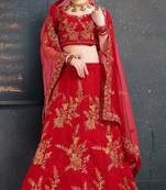 Tempting Red Thread Dori Zari And Embroidered With Diamond Work Taffeta Silk Lehenga Choli For Wedding