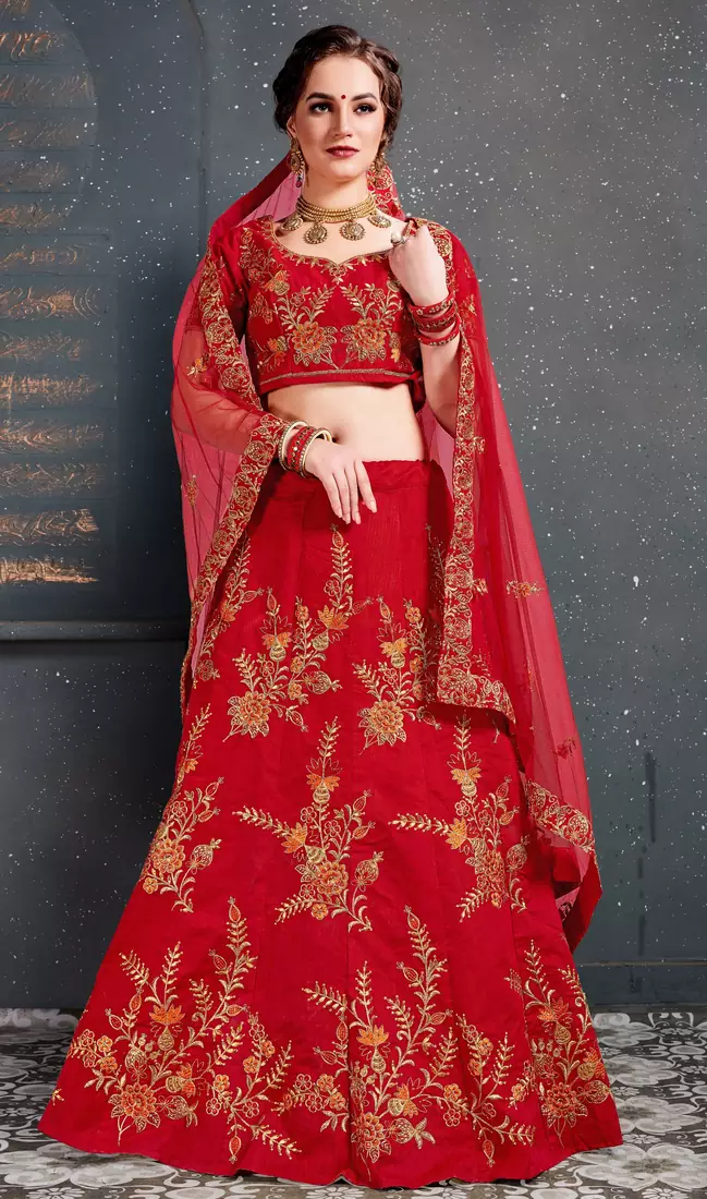 Tempting Red Thread, Dori, Zari and Embroidered with Diamond Work Taffeta Silk Lehenga choli for wedding
