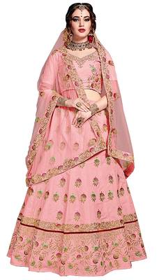 Baby Pink Thread, Dori, Zari Embroidery with Diamond Work Slub Silk Semi Stitched Lehenga 2