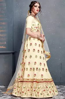Cream Thread Dori Zari And Embroidered With Diamond Work Silk Semi Stitched Lehenga Choli For Wedding