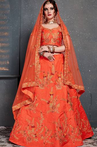 Orange Thread, Dori, Zari and Embroidered with Diamond Work Taffeta Silk Semi Stitched wedding lehenga