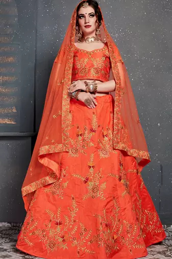 Orange Thread, Dori, Zari and Embroidered with Diamond Work Taffeta Silk Semi Stitched wedding lehenga