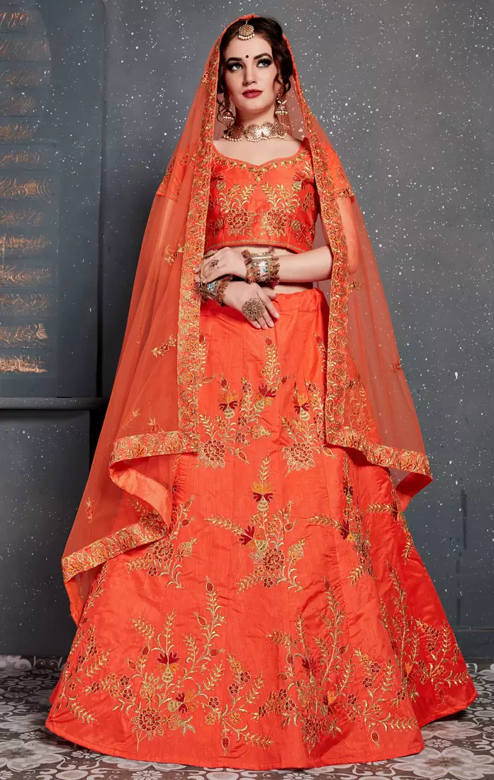 Orange Thread, Dori, Zari and Embroidered with Diamond Work Taffeta Silk Semi Stitched wedding lehenga