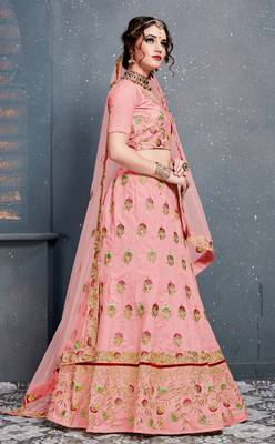 Baby Pink Thread, Dori, Zari Embroidery with Diamond Work Slub Silk Semi Stitched Lehenga 3