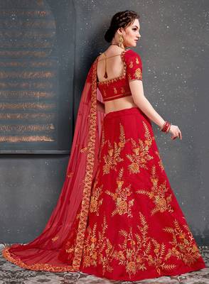Tempting Red Thread Dori Zari And Embroidered With Diamond Work Taffeta Silk Lehenga Choli For Wedding 2