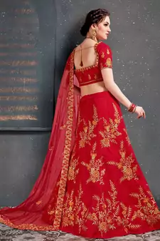 Tempting Red Thread Dori Zari And Embroidered With Diamond Work Taffeta Silk Lehenga Choli For Wedding