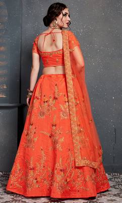 Eye-catching Orange Thread, Dori, Zari and Embroidered with Diamond Work Taffeta Silk Party wear Lehenga choli 2