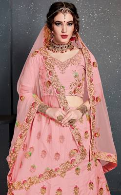 Baby Pink Thread, Dori, Zari Embroidery with Diamond Work Slub Silk Semi Stitched Lehenga 4