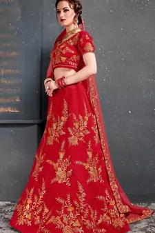 Tempting Red Thread Dori Zari And Embroidered With Diamond Work Taffeta Silk Lehenga Choli For Wedding