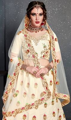 Cream Thread Dori Zari And Embroidered With Diamond Work Silk Semi Stitched Lehenga Choli For Wedding 4