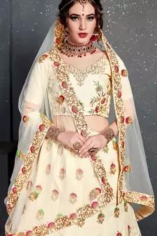 Cream Thread Dori Zari And Embroidered With Diamond Work Silk Semi Stitched Lehenga Choli For Wedding