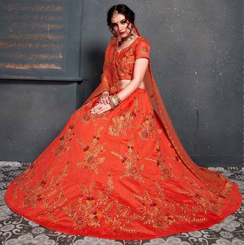 Eye-catching Orange Thread, Dori, Zari and Embroidered with Diamond Work Taffeta Silk Party wear Lehenga choli 3
