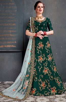 Dark Green Thread, Dori, Zari and Embroidered with Diamond Work Taffeta Silk Semi Stitched wedding lehenga 1