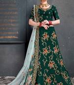 Dark Green Thread, Dori, Zari and Embroidered with Diamond Work Taffeta Silk Semi Stitched wedding lehenga