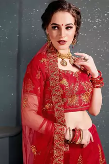 Tempting Red Thread Dori Zari And Embroidered With Diamond Work Taffeta Silk Lehenga Choli For Wedding