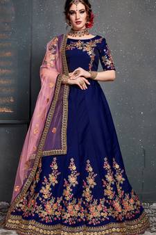 Dark Blue Thread Dori Zari And Embroidered With Diamond Work Taffeta Silk Semi Stitched Wedding Lehenga