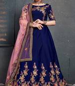 Dark Blue Thread Dori Zari And Embroidered With Diamond Work Taffeta Silk Semi Stitched Wedding Lehenga