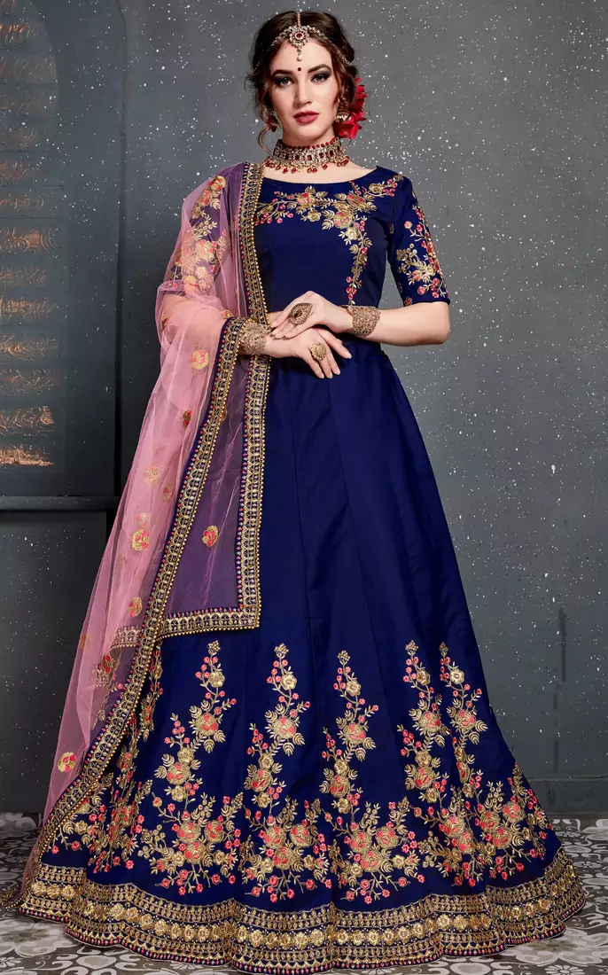 Dark Blue Thread, Dori, Zari and Embroidered with Diamond Work Taffeta Silk Semi Stitched wedding Lehenga