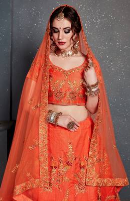 Eye-catching Orange Thread, Dori, Zari and Embroidered with Diamond Work Taffeta Silk Party wear Lehenga choli 4