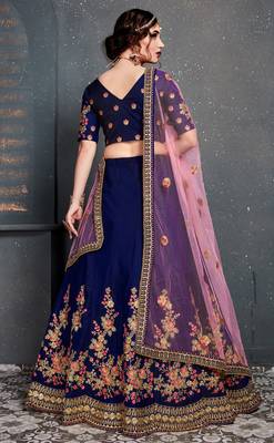 Dark Blue Thread Dori Zari And Embroidered With Diamond Work Taffeta Silk Semi Stitched Wedding Lehenga 2
