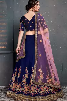 Dark Blue Thread Dori Zari And Embroidered With Diamond Work Taffeta Silk Semi Stitched Wedding Lehenga