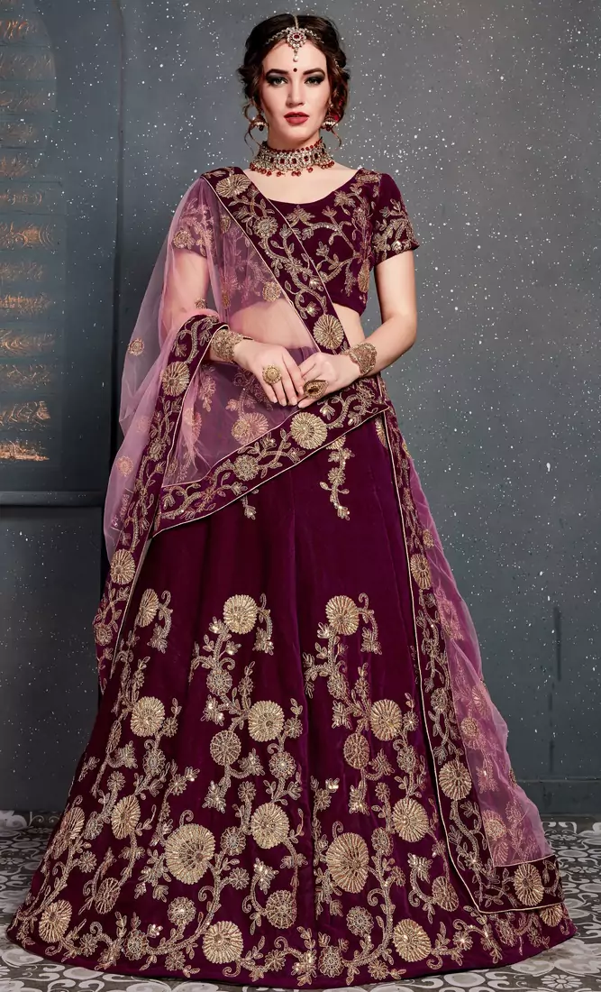 Hypnotizing Purple Dori, Zari And Sequins Embroidered Semi Velvet lehenga choli for bride