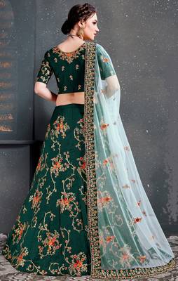 Dark Green Thread, Dori, Zari and Embroidered with Diamond Work Taffeta Silk Semi Stitched wedding lehenga 2