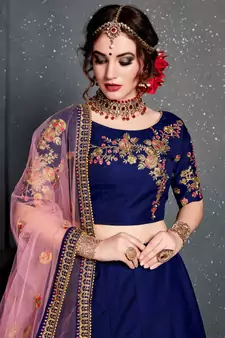 Dark Blue Thread Dori Zari And Embroidered With Diamond Work Taffeta Silk Semi Stitched Wedding Lehenga
