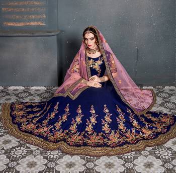 Dark Blue Thread Dori Zari And Embroidered With Diamond Work Taffeta Silk Semi Stitched Wedding Lehenga 4