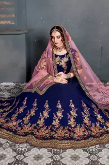 Dark Blue Thread Dori Zari And Embroidered With Diamond Work Taffeta Silk Semi Stitched Wedding Lehenga