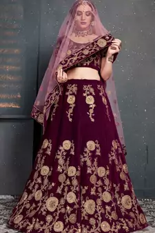 Hypnotizing Purple Dori Zari And Sequins Embroidered Semi Velvet Lehenga Choli For Bride
