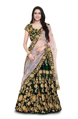 Marvelous Dark Green Dori, Zari And Sequins Embroidered Semi Velvet Designer Lehenga for wedding 1