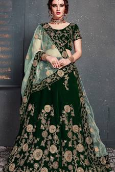 Dark Green Dori, Zari And Sequins Embroidered Velvet Semi Stitched bridal lehenga Choli With Dupatta