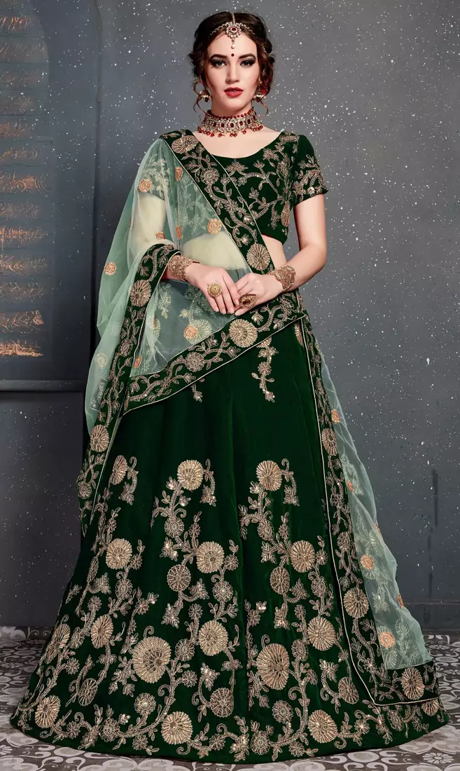 Dark Green Dori, Zari And Sequins Embroidered Velvet Semi Stitched bridal lehenga Choli With Dupatta