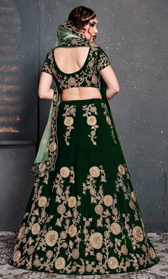 Marvelous Dark Green Dori, Zari And Sequins Embroidered Semi Velvet Designer Lehenga for wedding 2