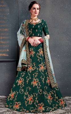 Dark Green Thread, Dori, Zari and Embroidered with Diamond Work Taffeta Silk Semi Stitched wedding lehenga 3