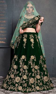 Marvelous Dark Green Dori, Zari And Sequins Embroidered Semi Velvet Designer Lehenga for wedding 3
