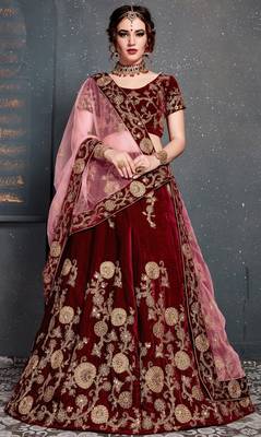 Maroon Dori, Zari And Sequins Embroidered Velvet Semi Stitched bridal lehenga Choli With Dupatta 1